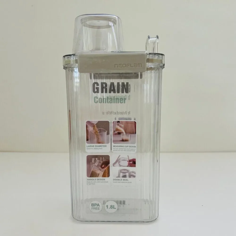 NEOFLAM Clear Plastic Grain Canister Storage Container W Measuring Cup Lid- 1.8L